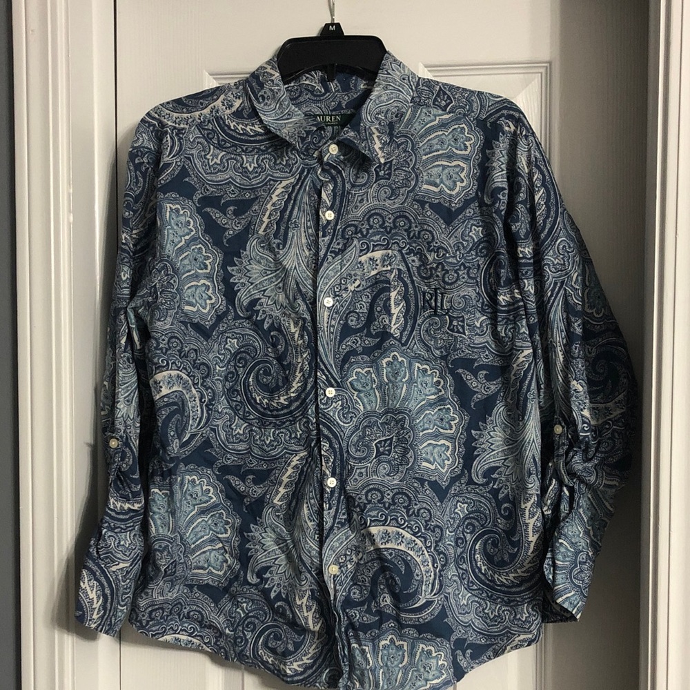 Lauren Ralph Lauren Button Down Collared Embroidered Logo Blouse Paisley Blue